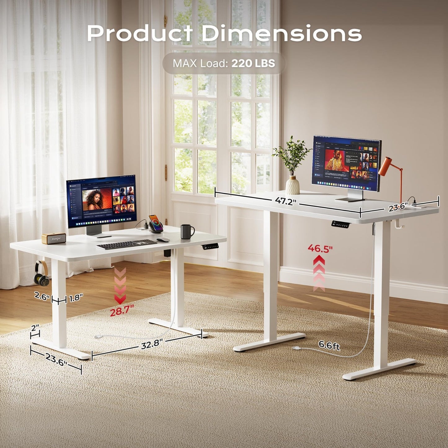 Height Adjustable Electric Standing Desk with USB-C, Power Outlets, 47x24 Inch -4