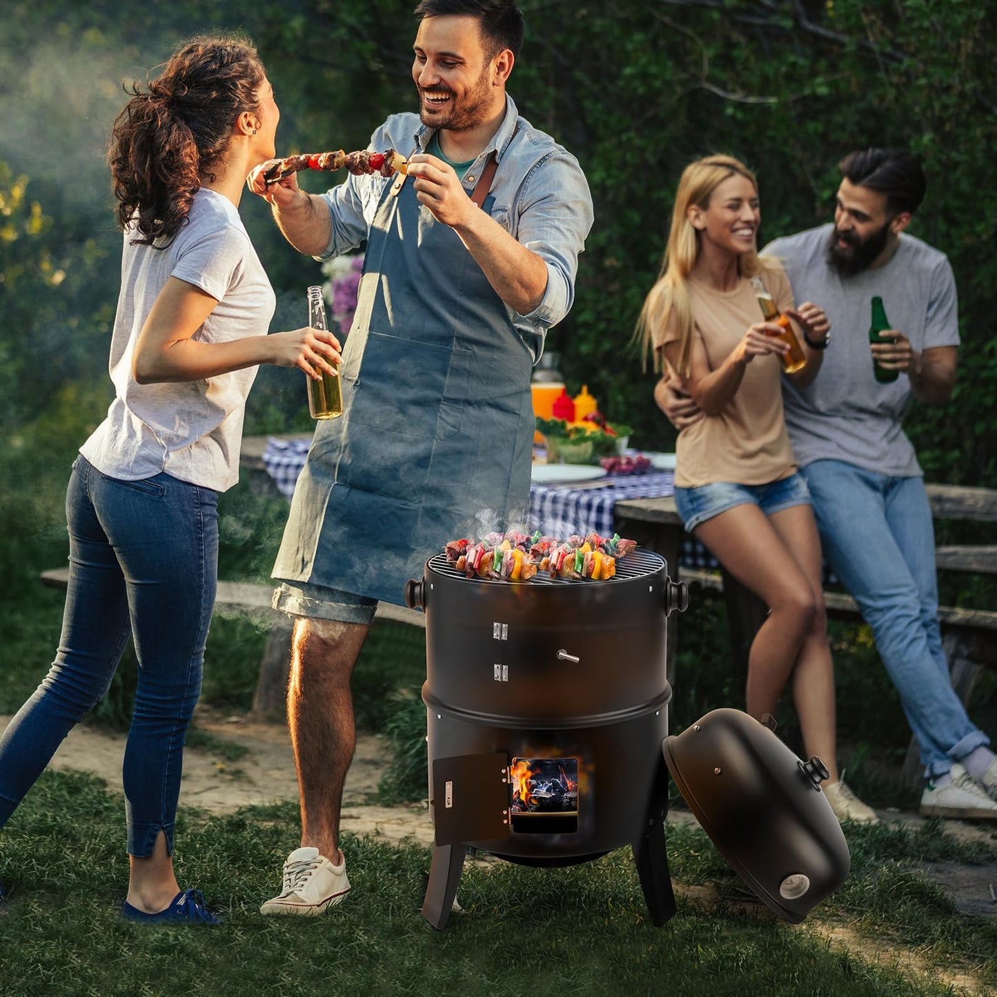 17 Inch Vertical Charcoal Smoker Grill - 3-in-1 Portable Outdoor Cooker with The2