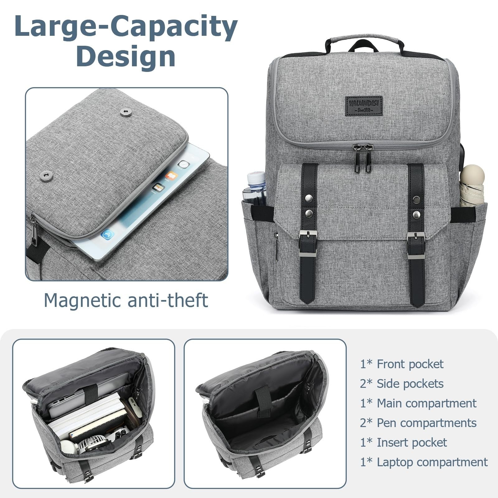 Vintage Laptop Backpack with USB Charging Port for Travel, College, Fits 15.6" -3