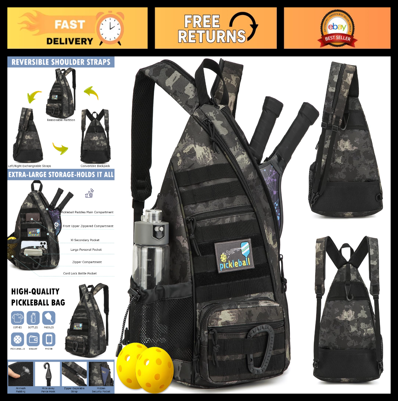 Tactical Pickleball Backpack | Adjustable Sling Bag with Fence Hook & Water Bott0