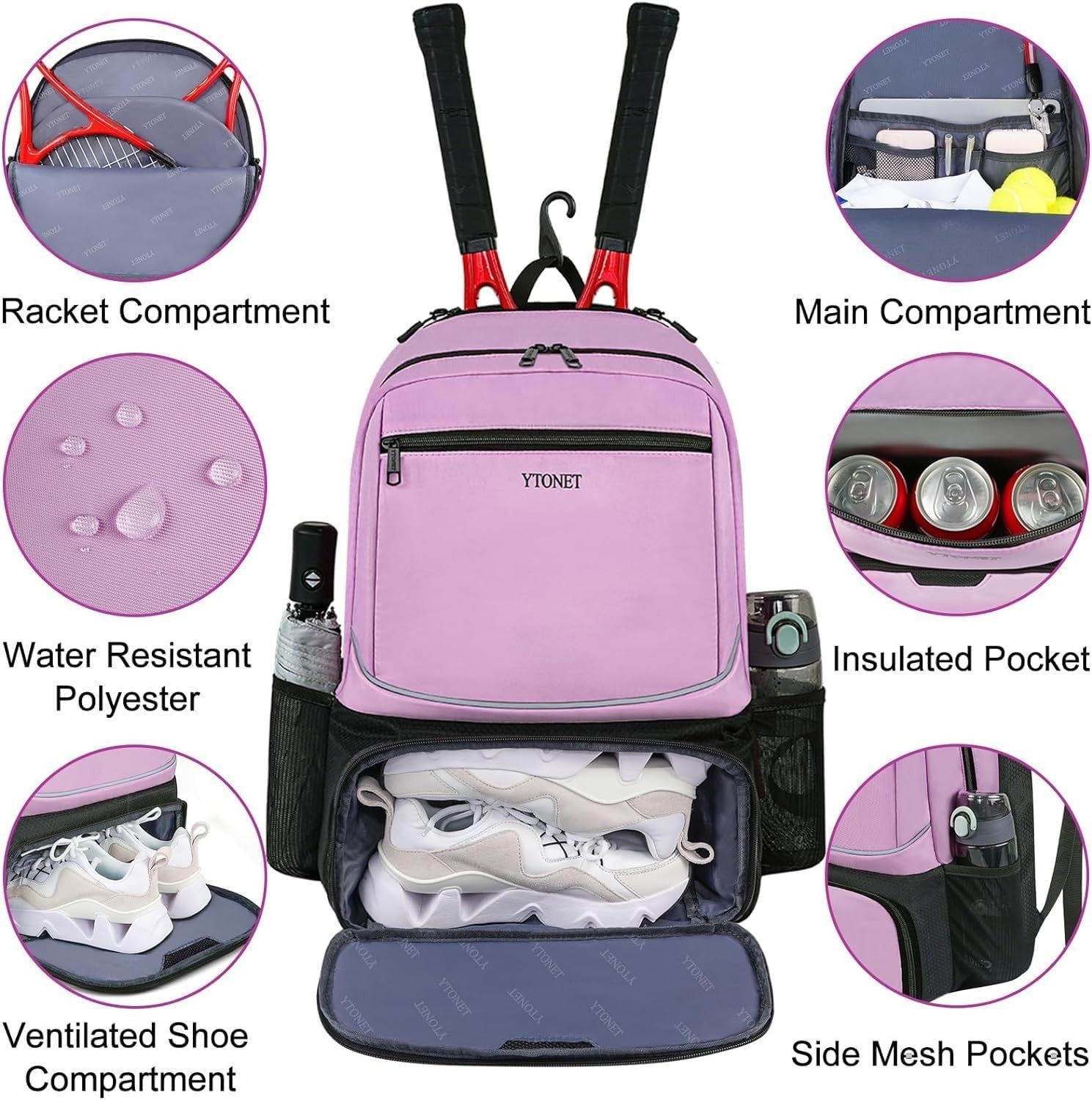 Tennis Backpack for Men & Women - Holds 2 Rackets, Insulated Pocket & Shoe Compa3