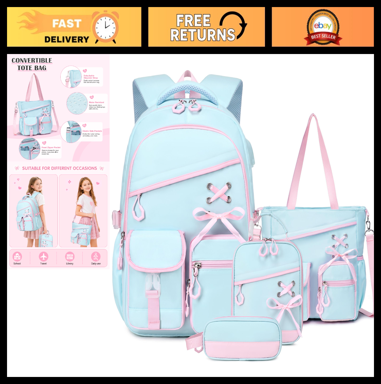 4PCS Girls Backpacks Set   Tote Bag, Lunch Bag & Pencil Pouch   School Essential0