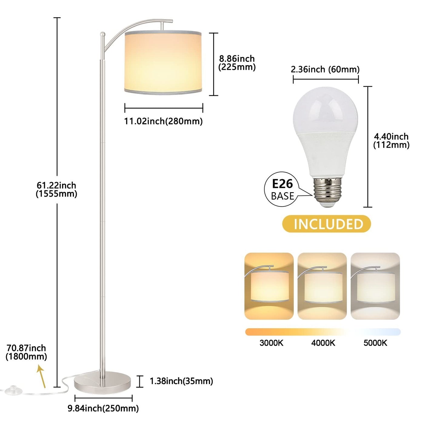 Tall Industrial Floor Lamp with 3 Color Temperatures, LED Bulb & White Shade   P3