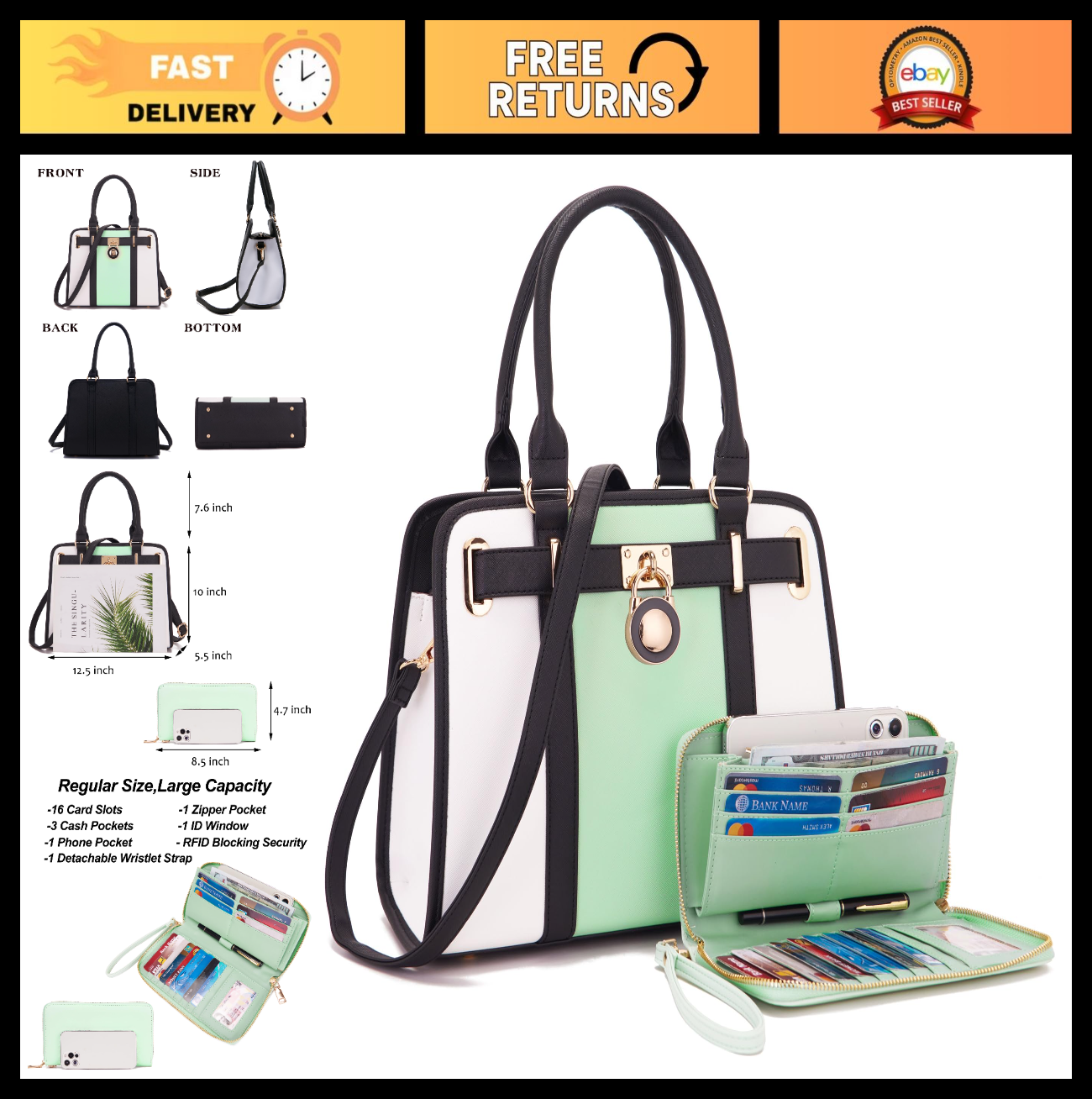Stylish Women's Structured Satchel Tote Handbag Set with RFID Wallet - Fashion P0