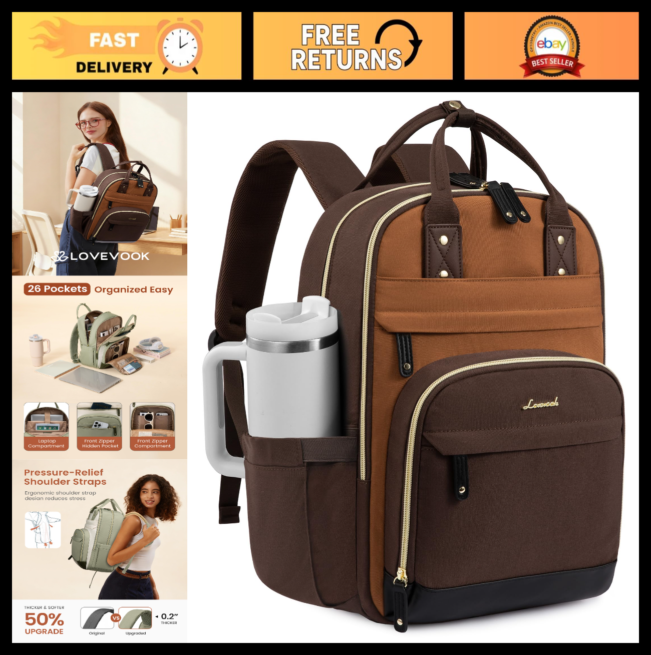 Stylish 15.6" Laptop Backpack with Tumbler Holder, Cute College & Work Bag, Gift0