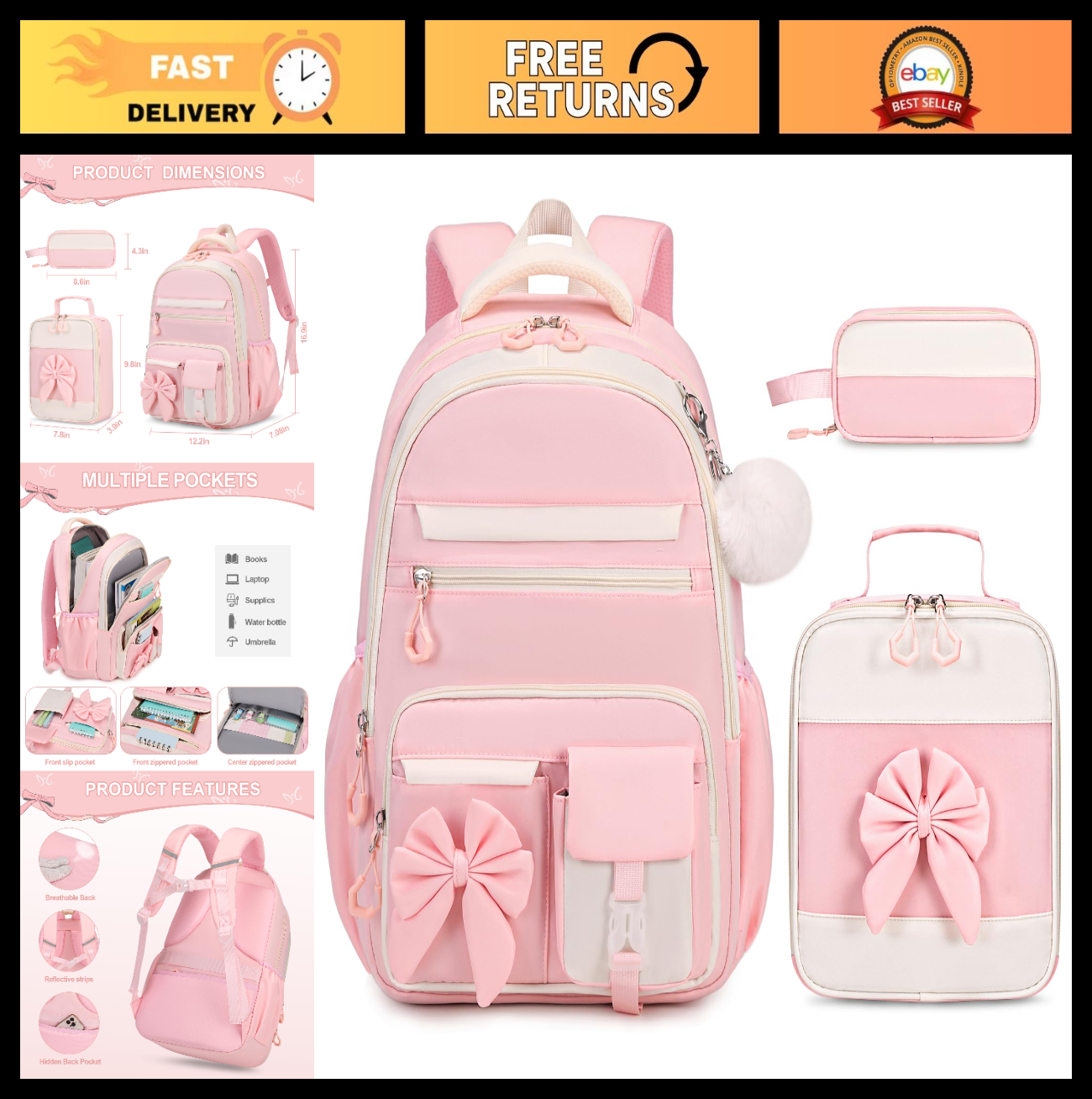 Cute Girls Backpack Set with Lunch Bag & Pencil Case   Stylish School Bag for Ki0