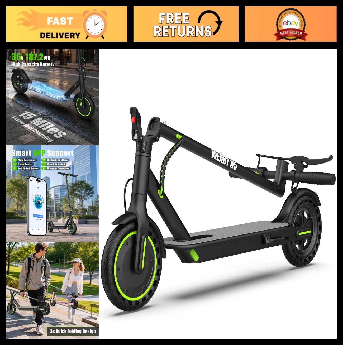 Powerful Electric Scooter 500W Motor, 19MPH Speed, 16-27 Miles Range, Folding E-0