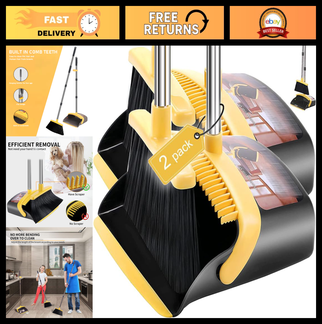 2-Pack Broom and Dustpan Set, 52" Long Handle, Self-Cleaning Teeth, Indoor/Outdo0