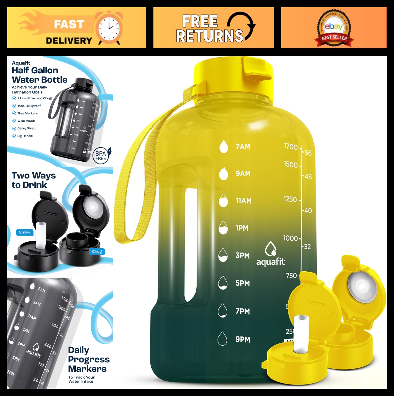 Optimized eBay Title:  "64 oz Water Bottle with Time Marker, Straw & Chug Lid -0