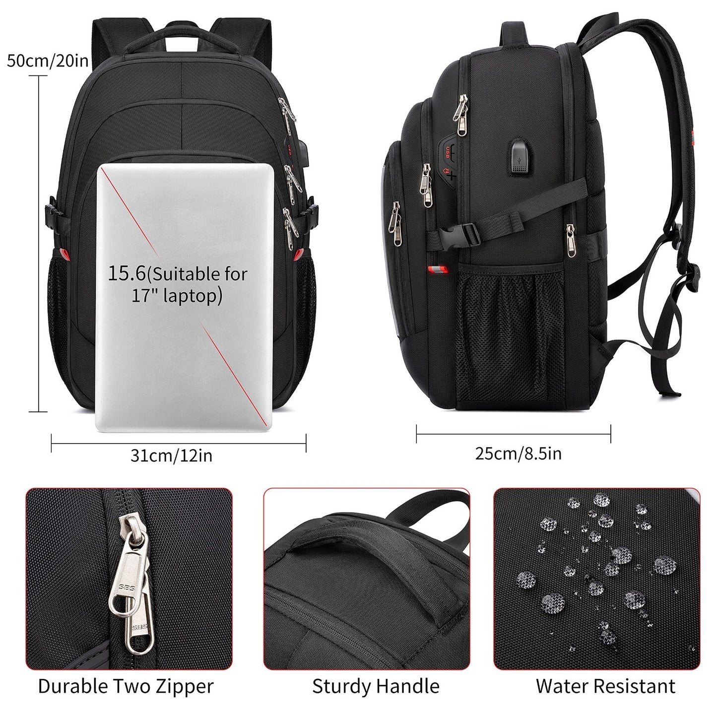 17.3" Laptop Backpack, USB Charging, Water Resistant, Sturdy School Rucksack, Ca2