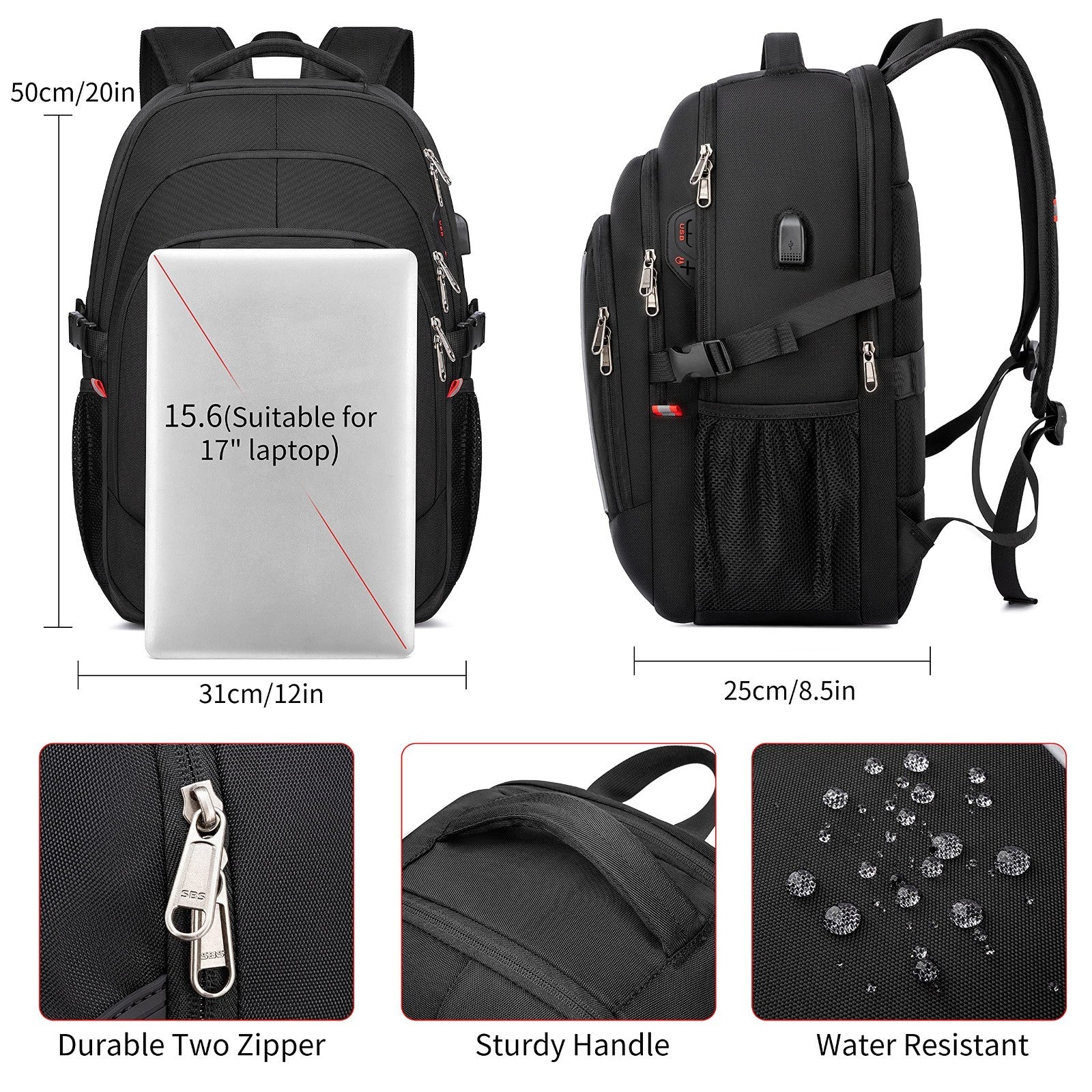 17.3" Laptop Backpack, USB Charging, Water Resistant, Sturdy School Rucksack, Ca2