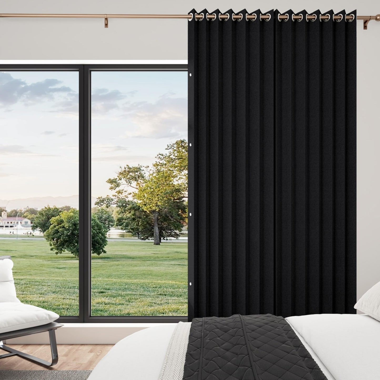 Light Blocking Faux Linen Pinch Pleat Curtains, 1 Panel, W52 x L90, Black, Ideal1