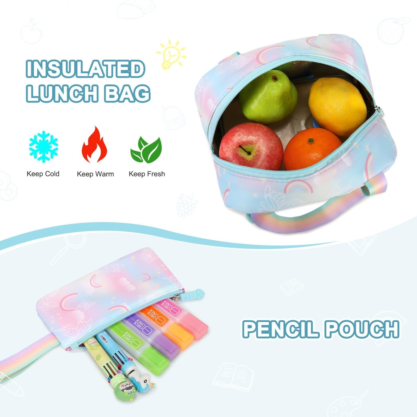 3PCS Girls Rainbow Butterfly Rolling Backpack Set with Lunch Box   Blue6