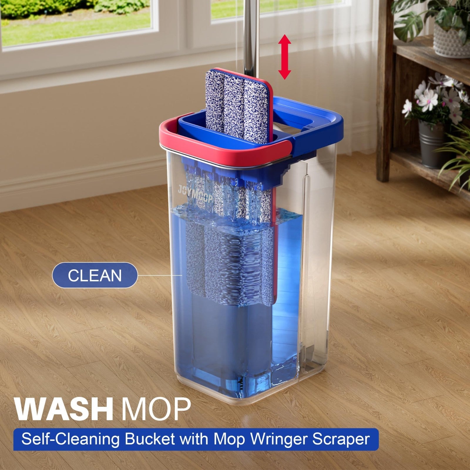 Flat Mop System with Microfiber Pads & Bucket, 60" Long Handle, Floor & Wall Cle2