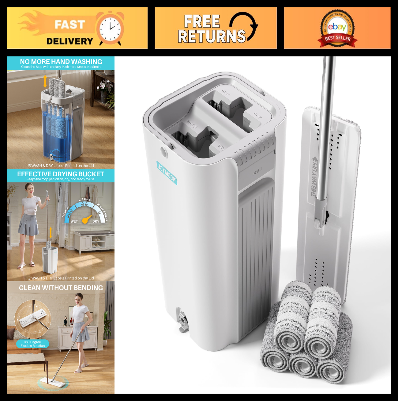 Flat Mop System with Bucket Set, 8L Capacity, Extension Handle, 5 Microfiber Pad0