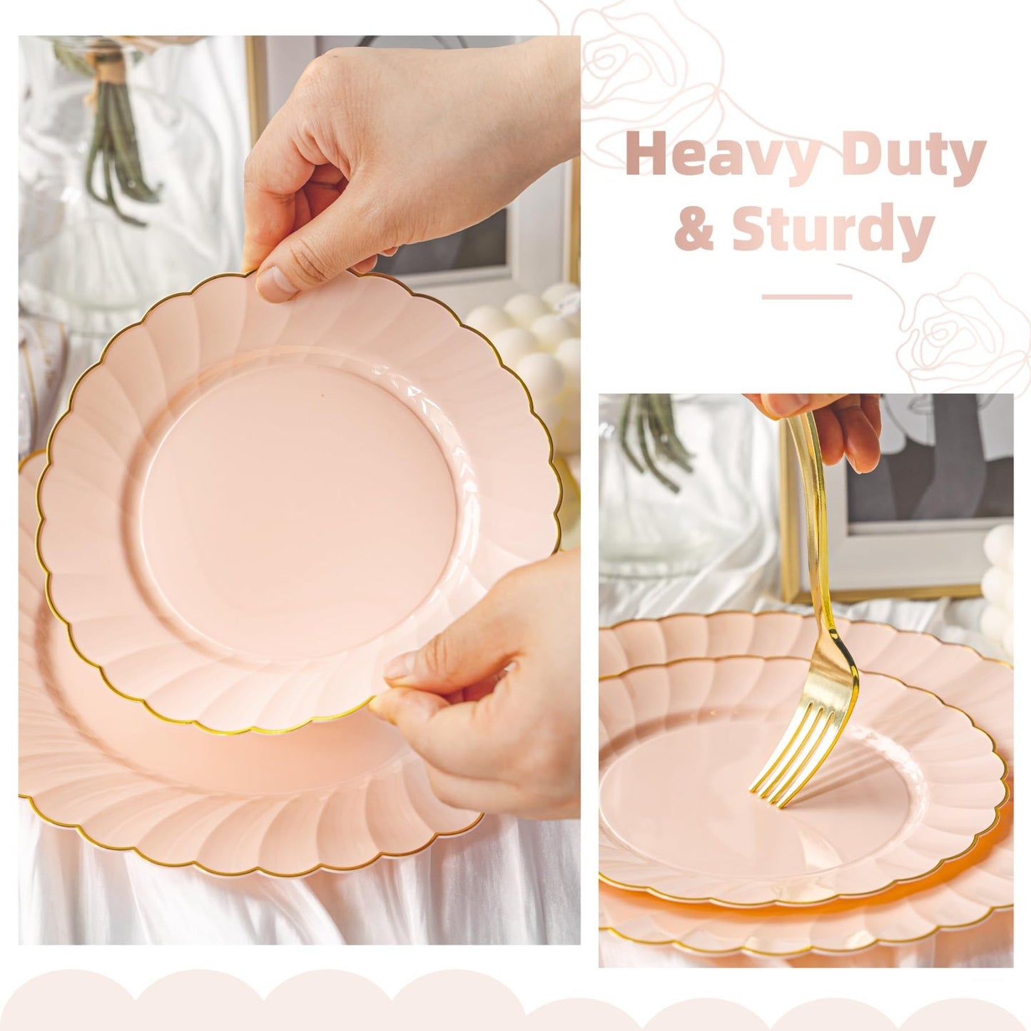 240PCS Pink Gold Scalloped Plastic Plates & Silverware Set for 48 Guests - Fancy6