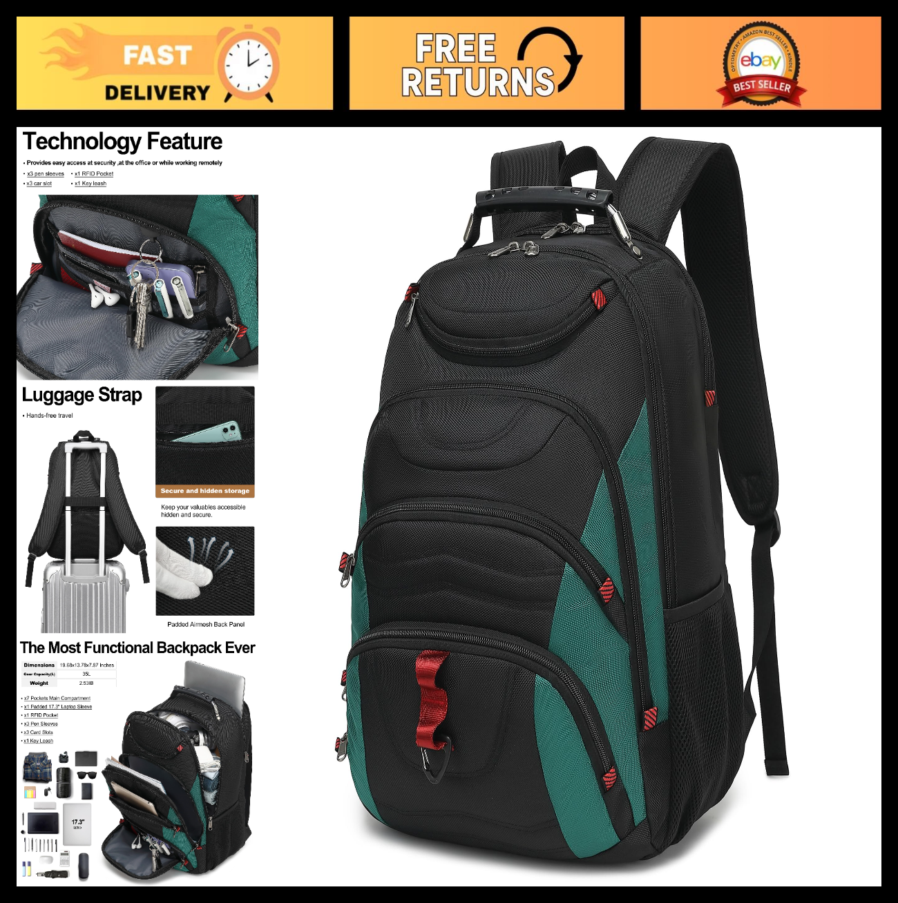 17.3" Laptop Backpack, Waterproof Travel Bag with USB Port, Anti Theft Work Book0