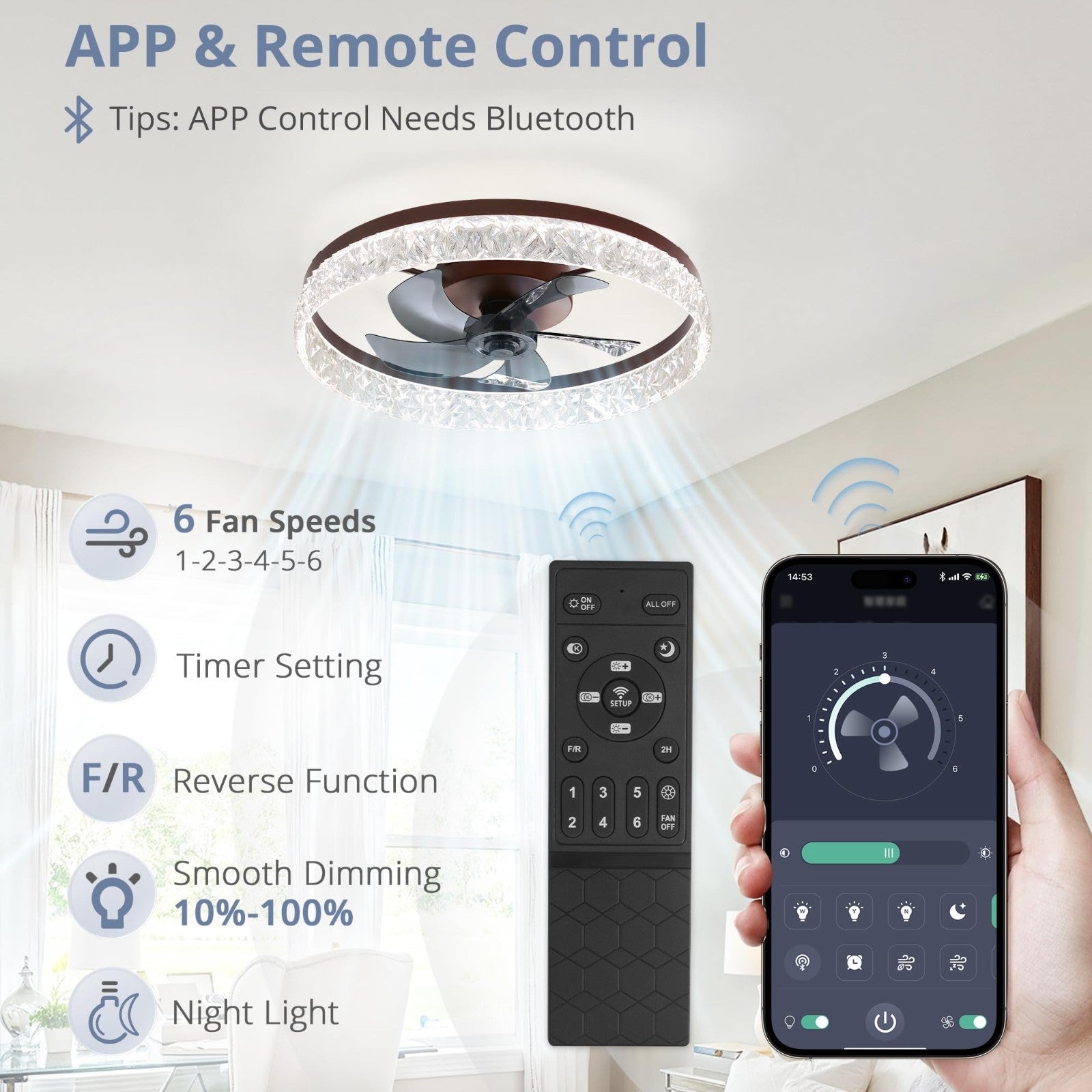 22" LED Ceiling Fan with Lights & Remote   Dimmable, 6 Speeds, Flush Mount, Time3