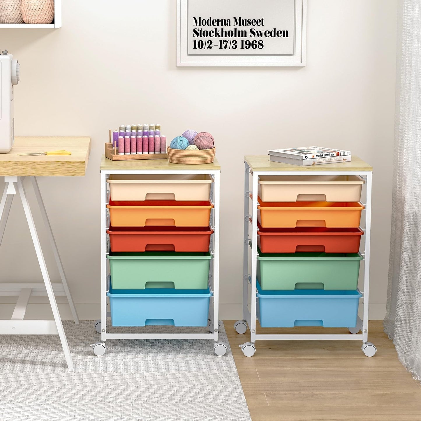 5 Drawer Utility Cart with Wooden Top, Lockable Wheels, Rolling Craft Organizer5