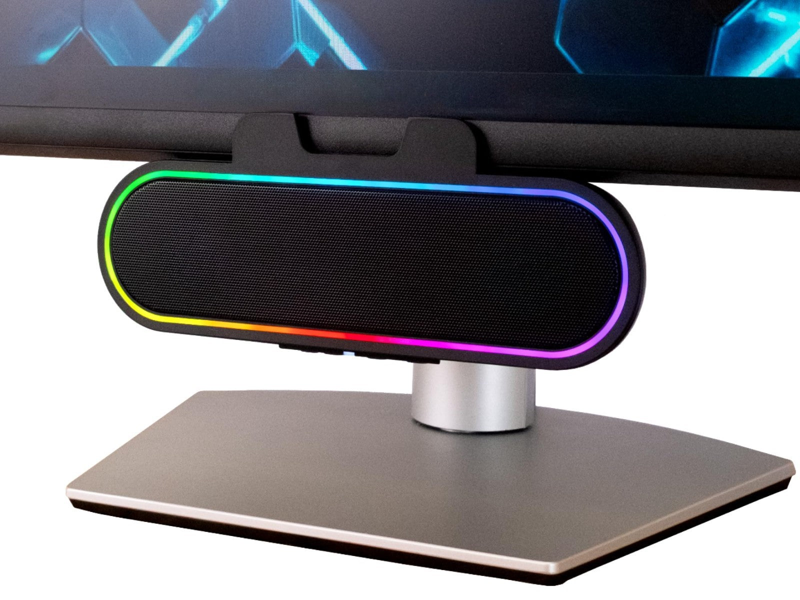 USB Powered Speaker Bar with LED Lights for PC & Mac, Clamps to Monitors, Music1
