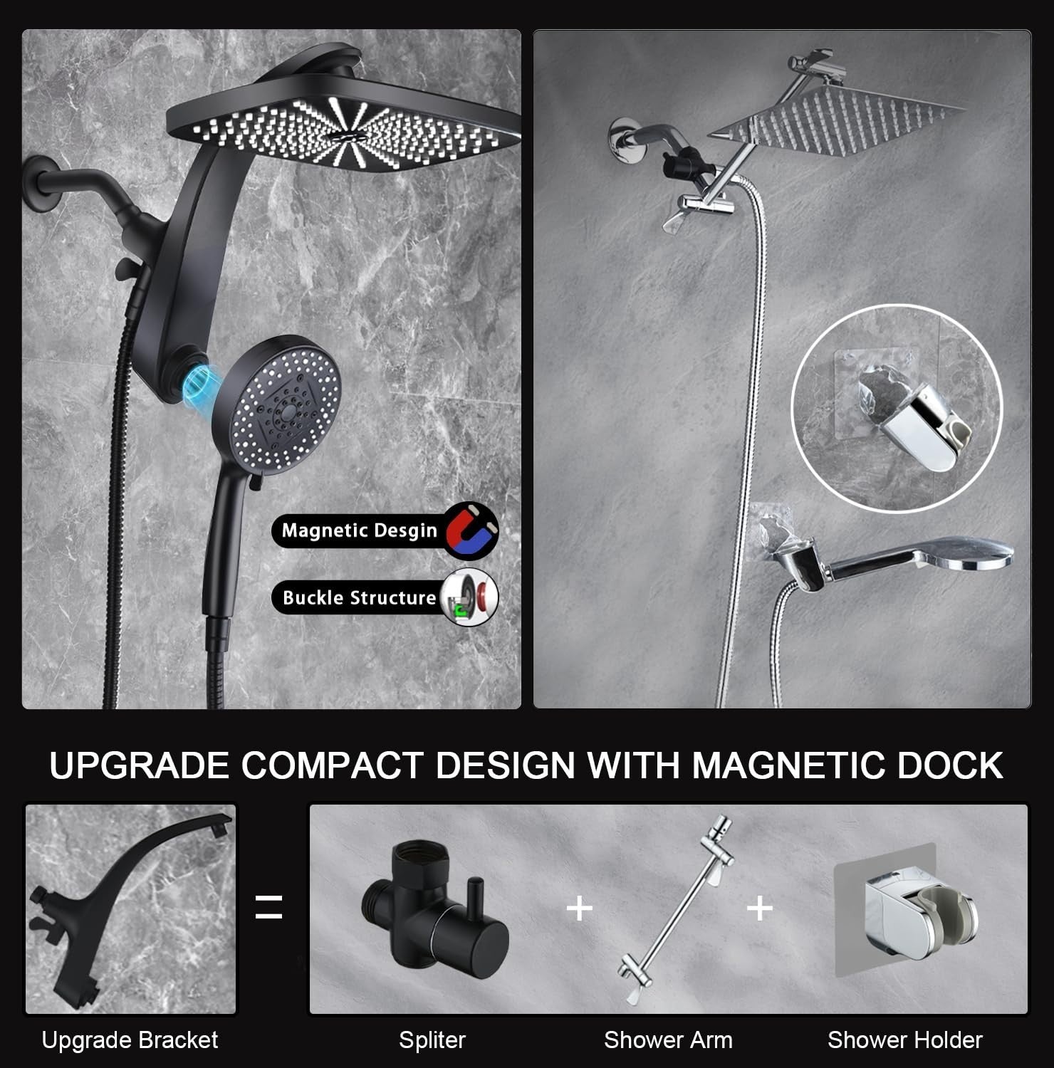 12" High Pressure Rain Shower Head & Handheld Combo, 9 Spray Settings, Magnetic6