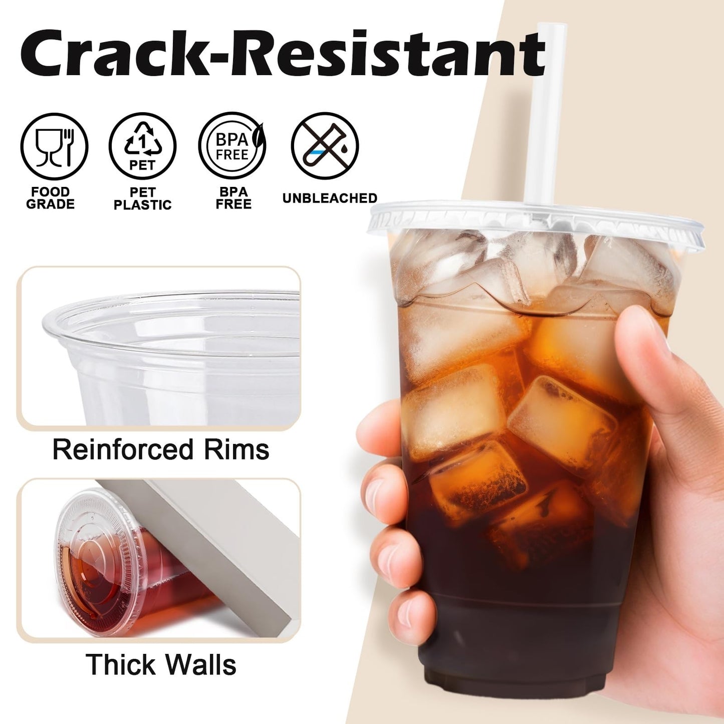 100 Pack 16 oz Clear Plastic Cups with Lids & Straws | Disposable Cold Drink Cup3