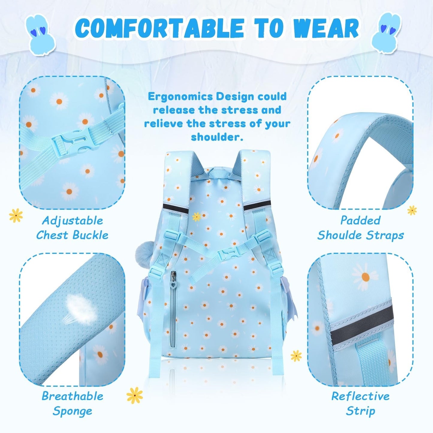 Girls School Backpack - Blue Daisy Book Bag for Elementary & Primary Kids2