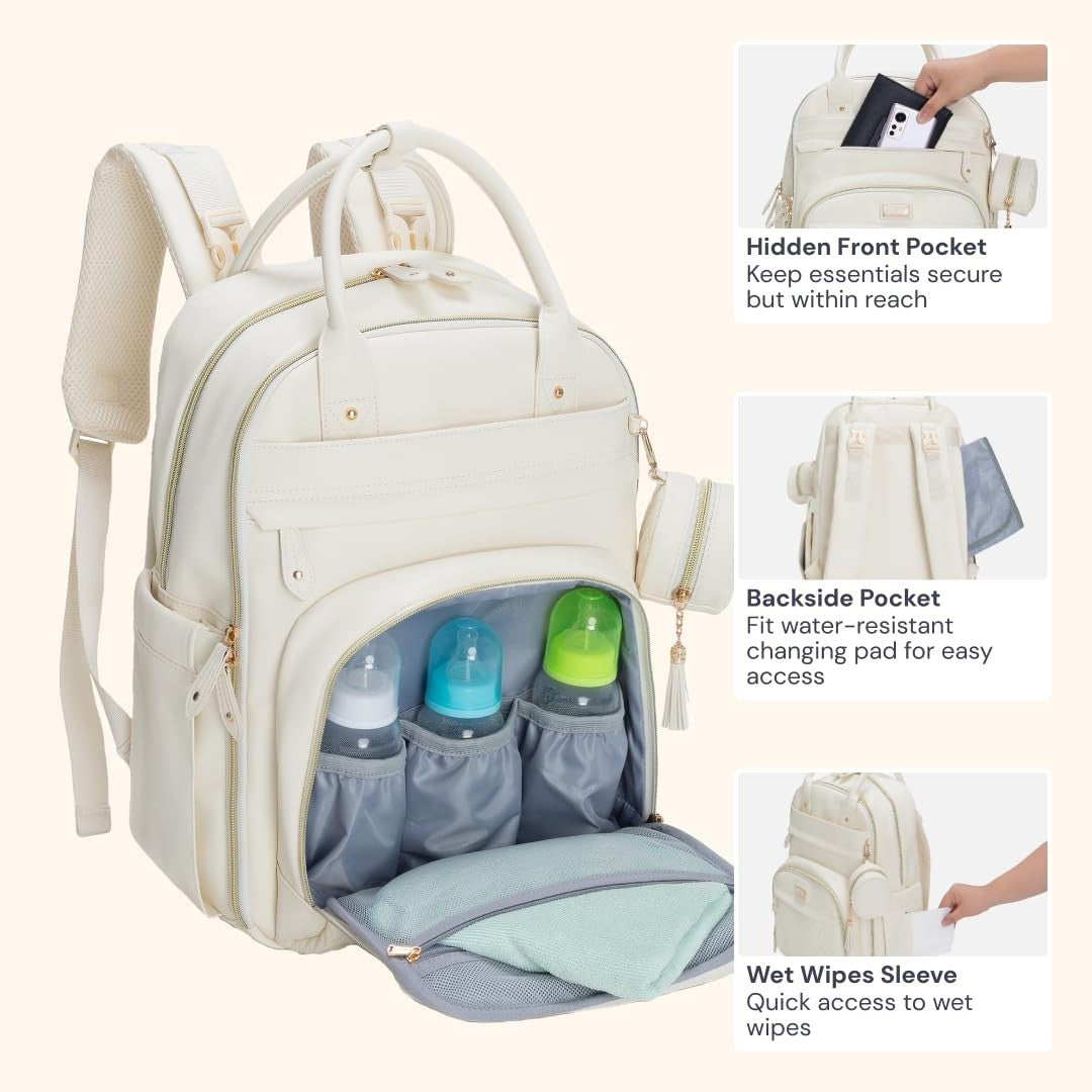 Multi Function Leather Diaper Bag Backpack   Water Resistant, Changing Pad, Stro6