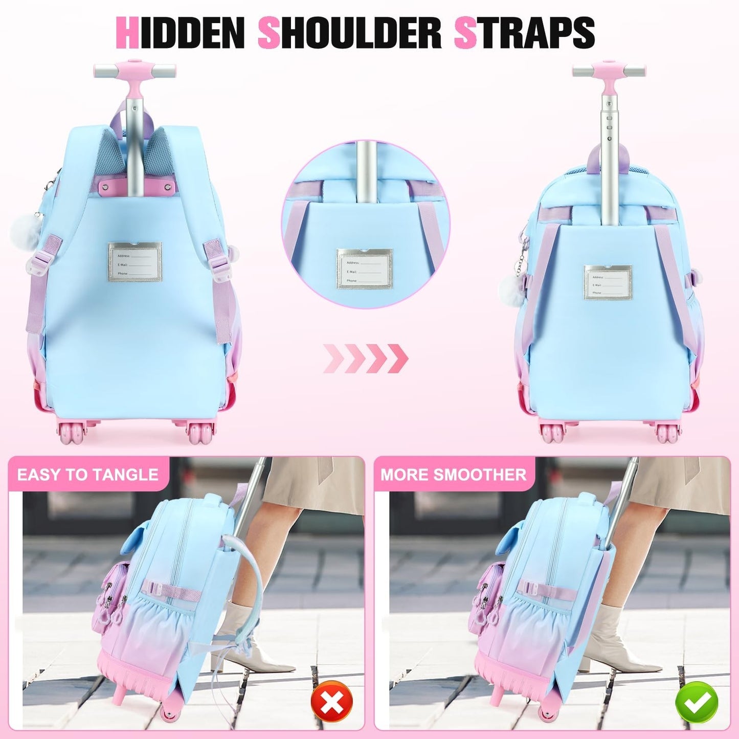 Rolling Backpack for Girls   Wheeled School Bag with Lunch Bag & Pencil Pouch, T3
