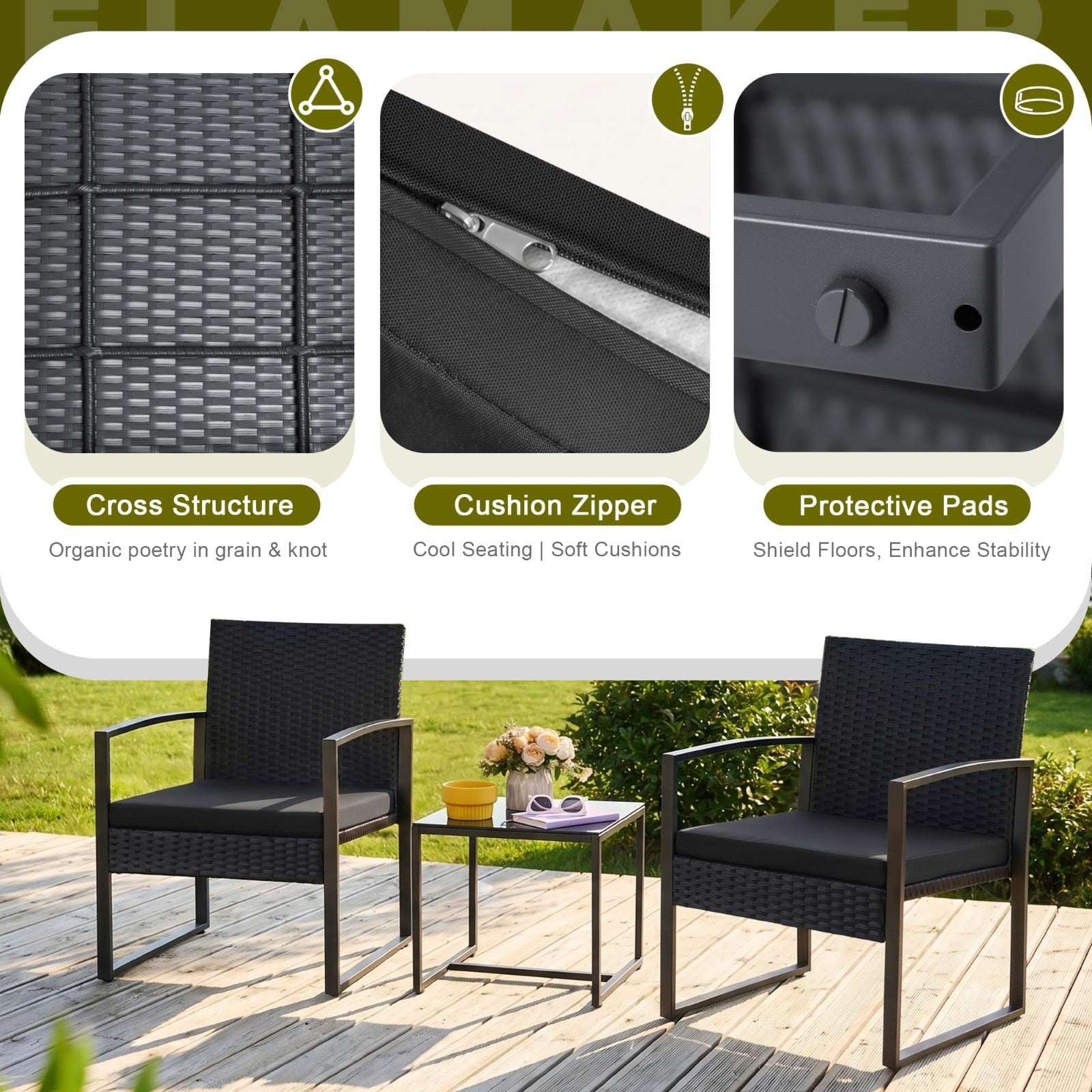 3 Piece Outdoor Wicker Patio Furniture Set | Modern Rattan Bistro Chairs & Table5