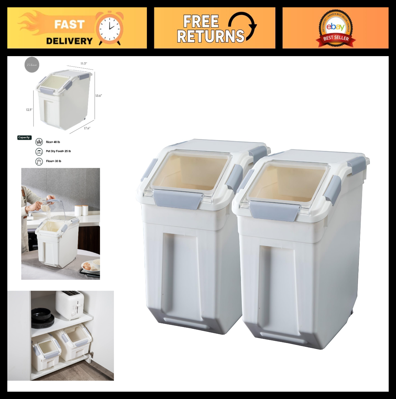 25L Rice Storage Container Set   BPA Free, Includes Measuring Cup, 2 Count, Whit0