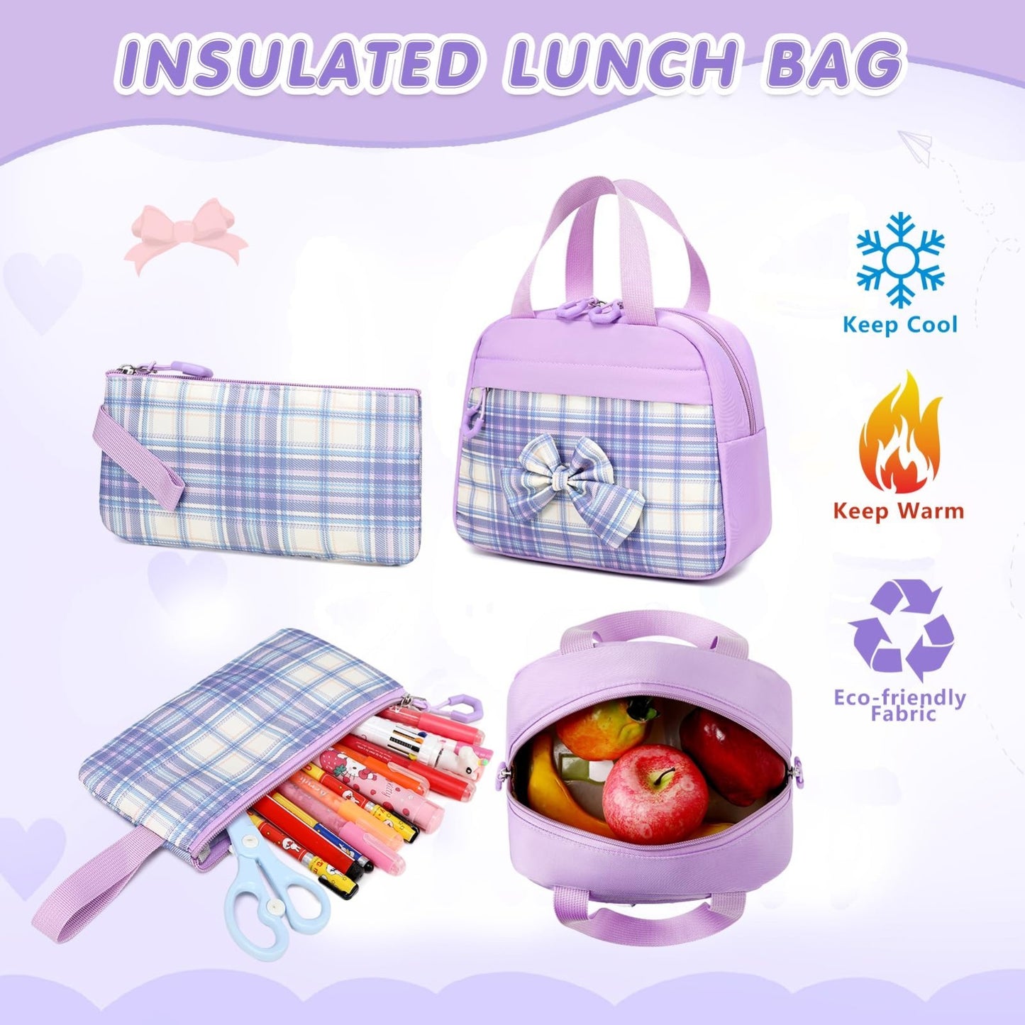 Stylish 3PCS School Backpack Set for Girls   17" Bow Plaid Bookbag & Accessories5