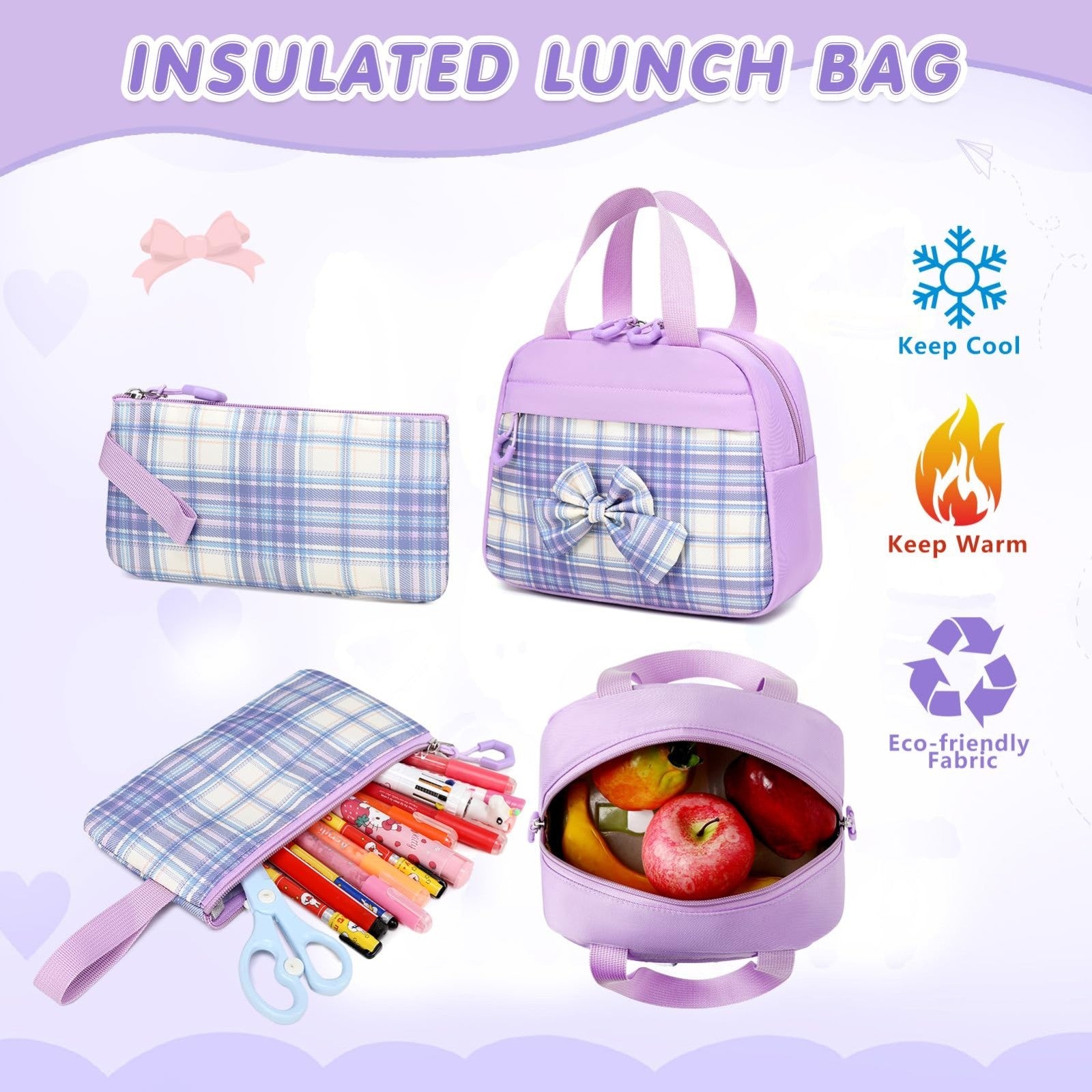 Stylish 3PCS School Backpack Set for Girls   17" Bow Plaid Bookbag & Accessories5