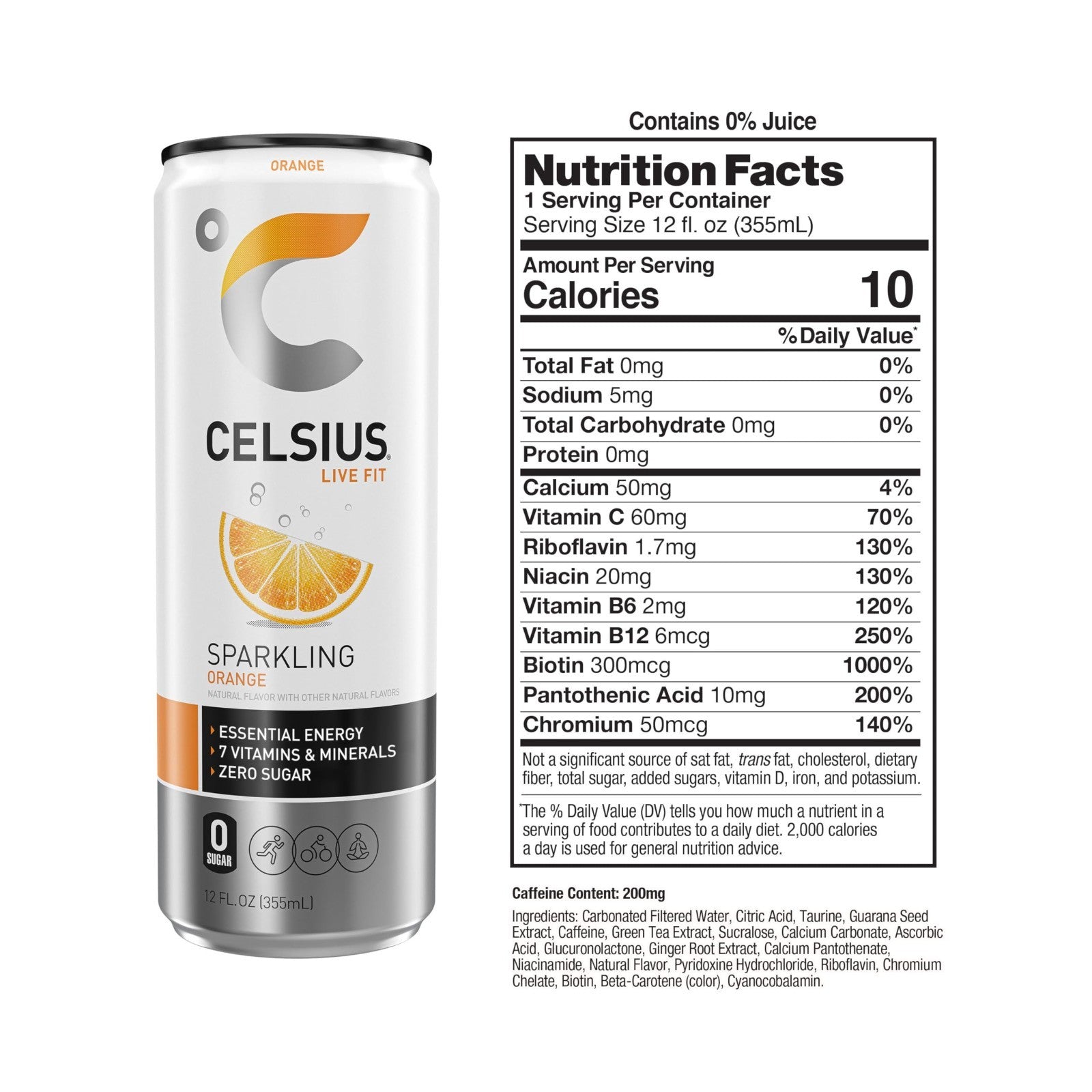 Sugar Free Sparkling Orange Energy Drink, 12 Fl Oz, Pack of 12 Cans, Refreshing2