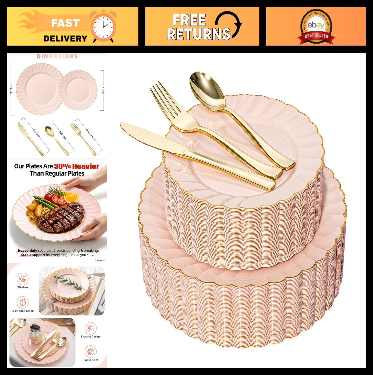 240PCS Pink Gold Scalloped Plastic Plates & Silverware Set for 48 Guests - Fancy0