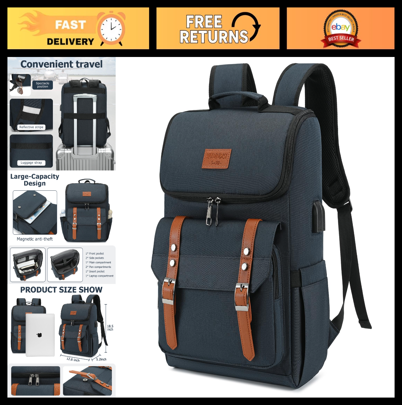 Vintage Travel Laptop Backpack with USB Charging Port - Fits 15.6" Laptops, Blue0