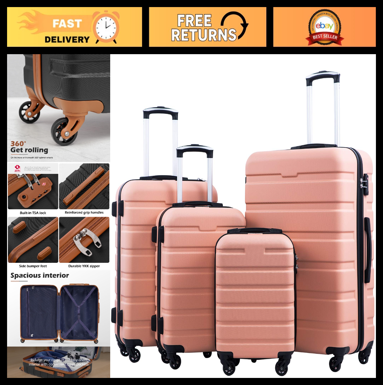Lightweight 4-Piece Hardshell Luggage Set, Sakura Pink, 360° Spinner Wheels, TSA0