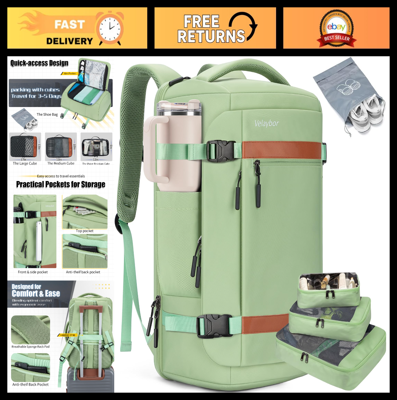 42L Travel Backpack with 4 Packing Cubes, TSA Friendly Carry On, Lightweight & D0