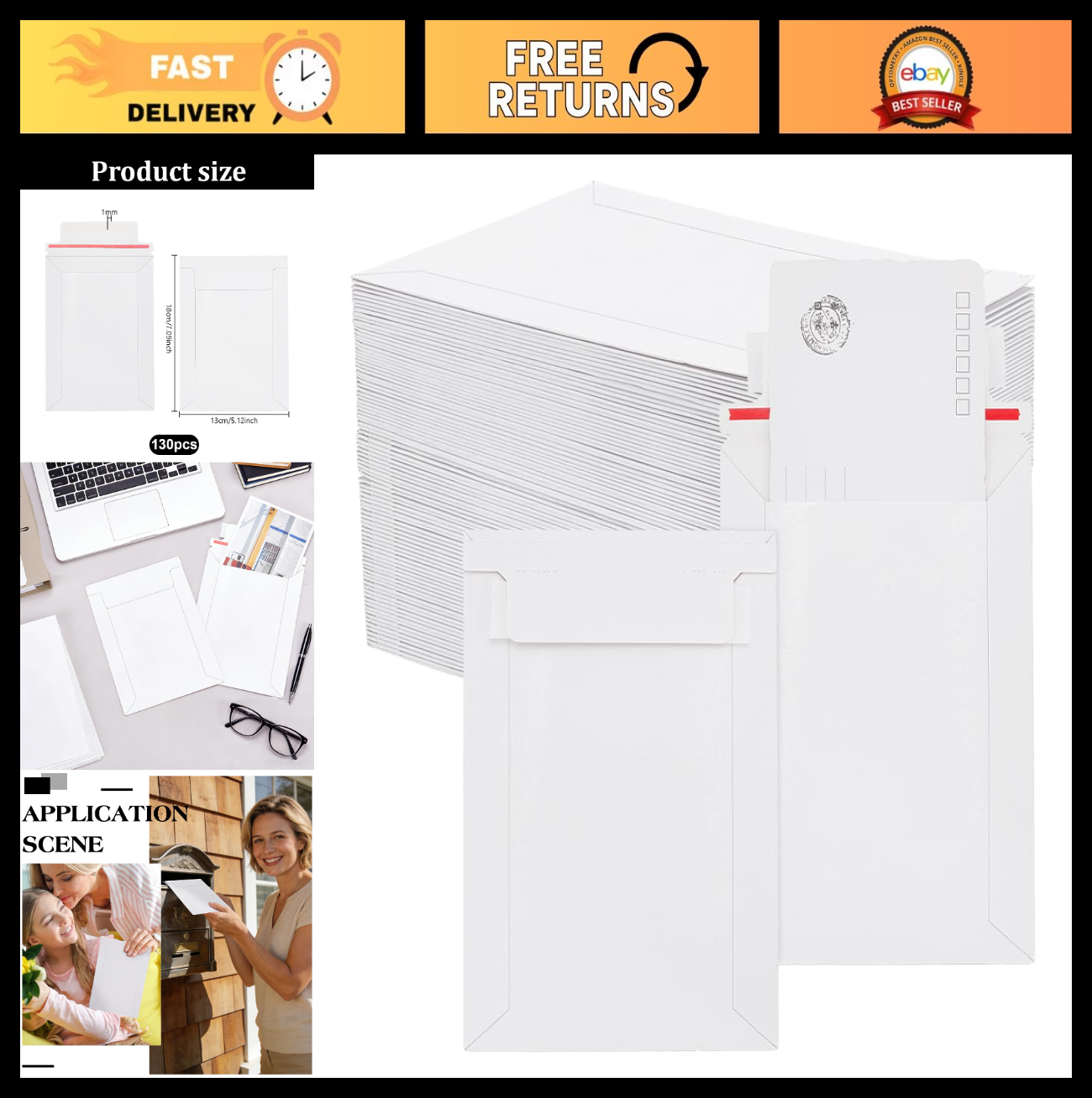 130pcs White Self-Seal Paper Shipping Envelopes 7x5 Inch Rigid Mailers for Cards0