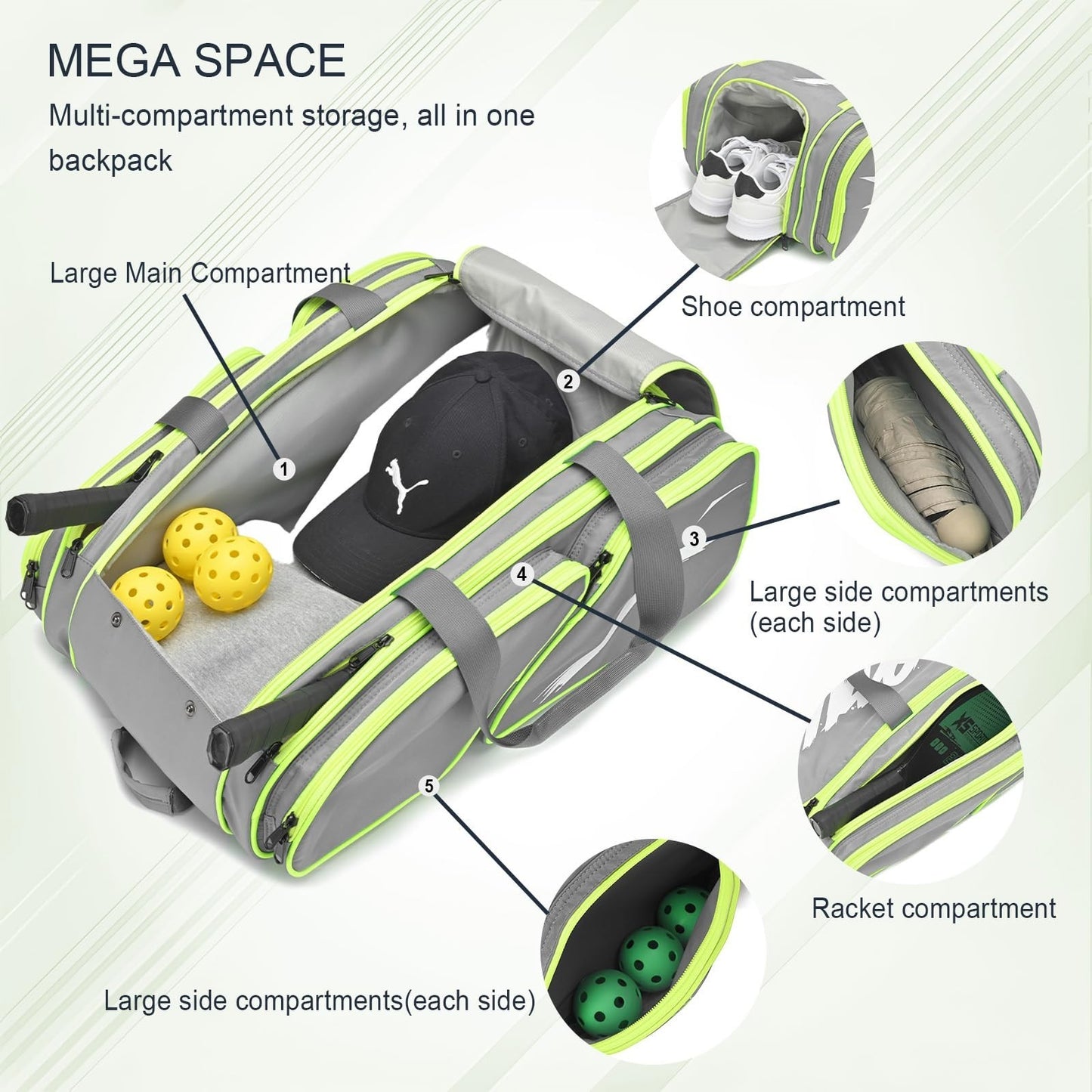 Large Pickleball Paddle Bag for 4 Paddles, Accessories, Shoe Compartment & Hook2