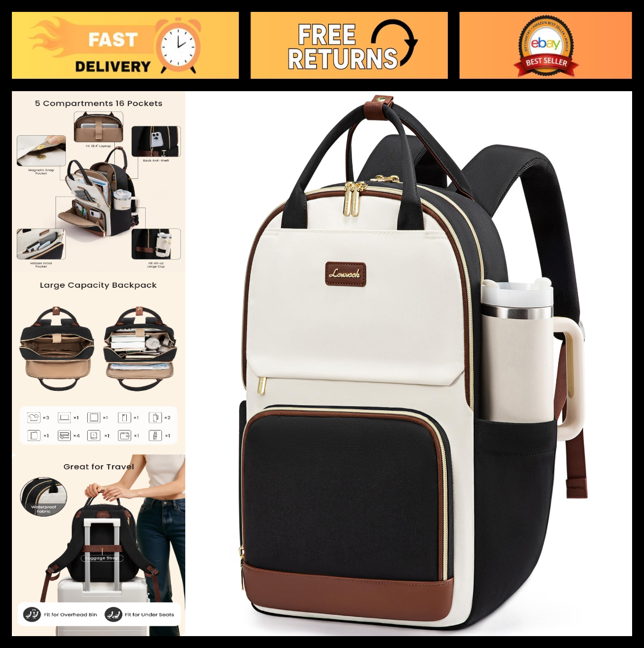 Large Waterproof Laptop Backpack for Women, 18" Travel Work Bag with Tumbler Hol0