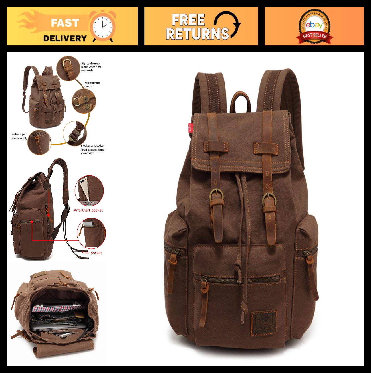Vintage Canvas Backpack with Leather Trim, Padded Laptop Sleeve 12" 17", Travel0