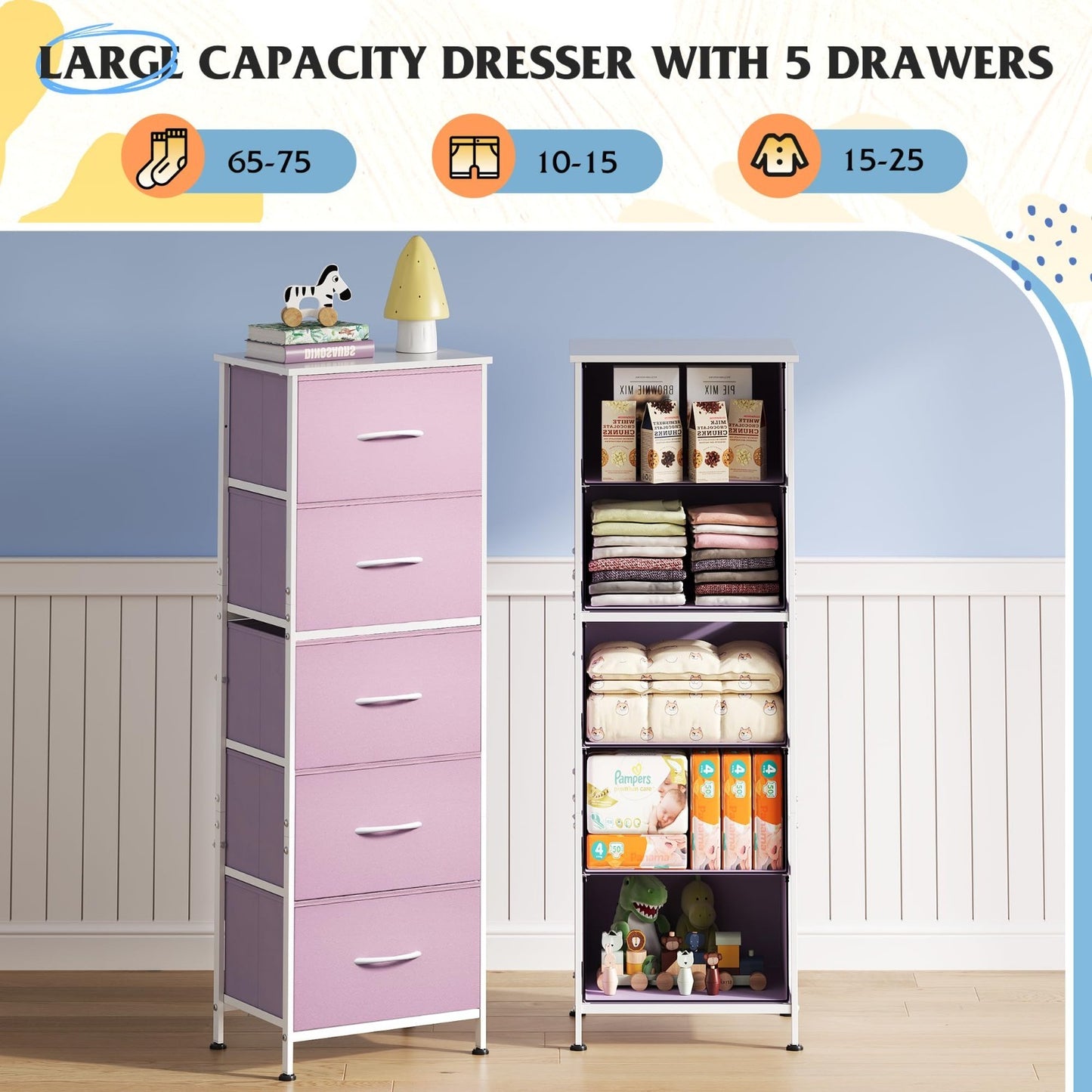 Tall Dresser for Bedroom - 5 Drawer Vertical Fabric Chest, Pink - Space-Saving S3