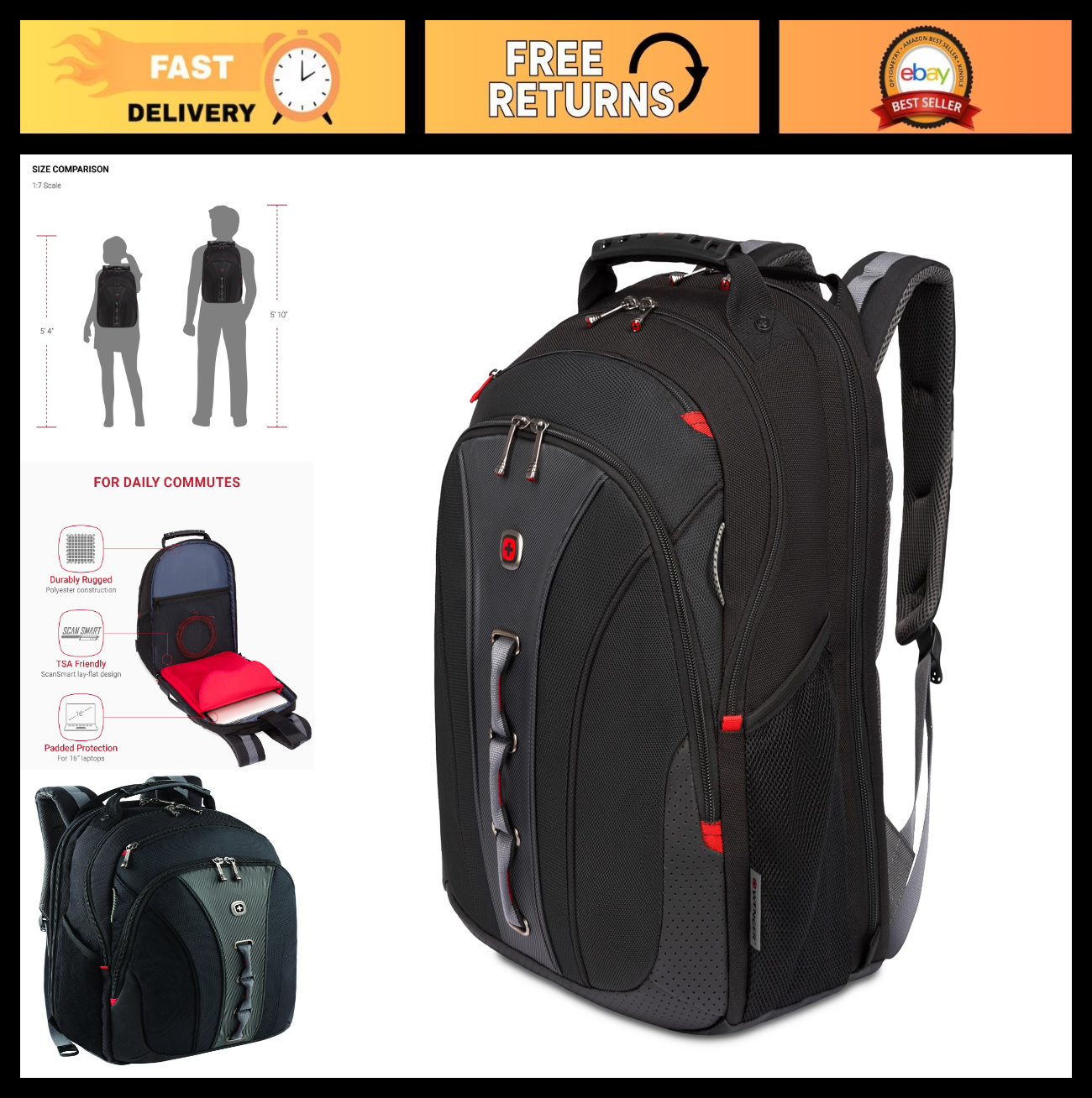 16" Laptop Backpack for Men & Women, Stylish Black/Gray Bag, Durable & Spacious0