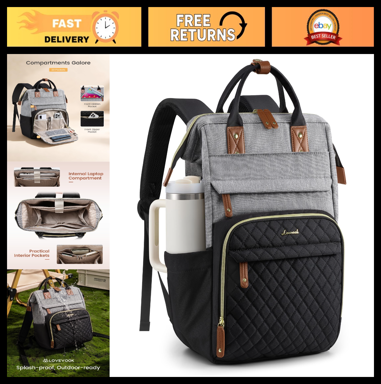 Quilted Laptop Backpack for Women   Stylish Teacher & Nurse Work Bag Purse0