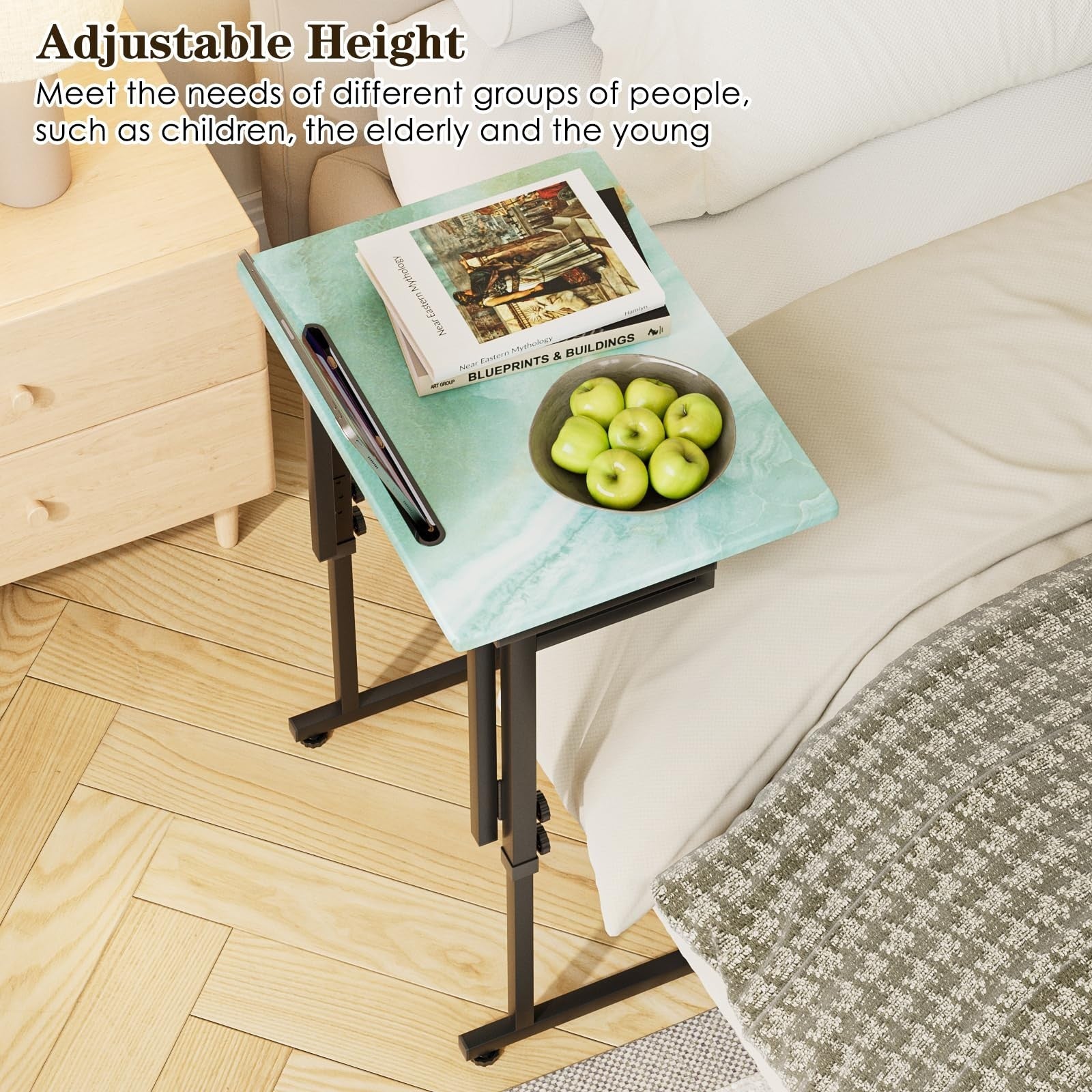Adjustable Folding TV Tray Table - Sturdy MDF Top, No Assembly, Sea Blue - Livin6