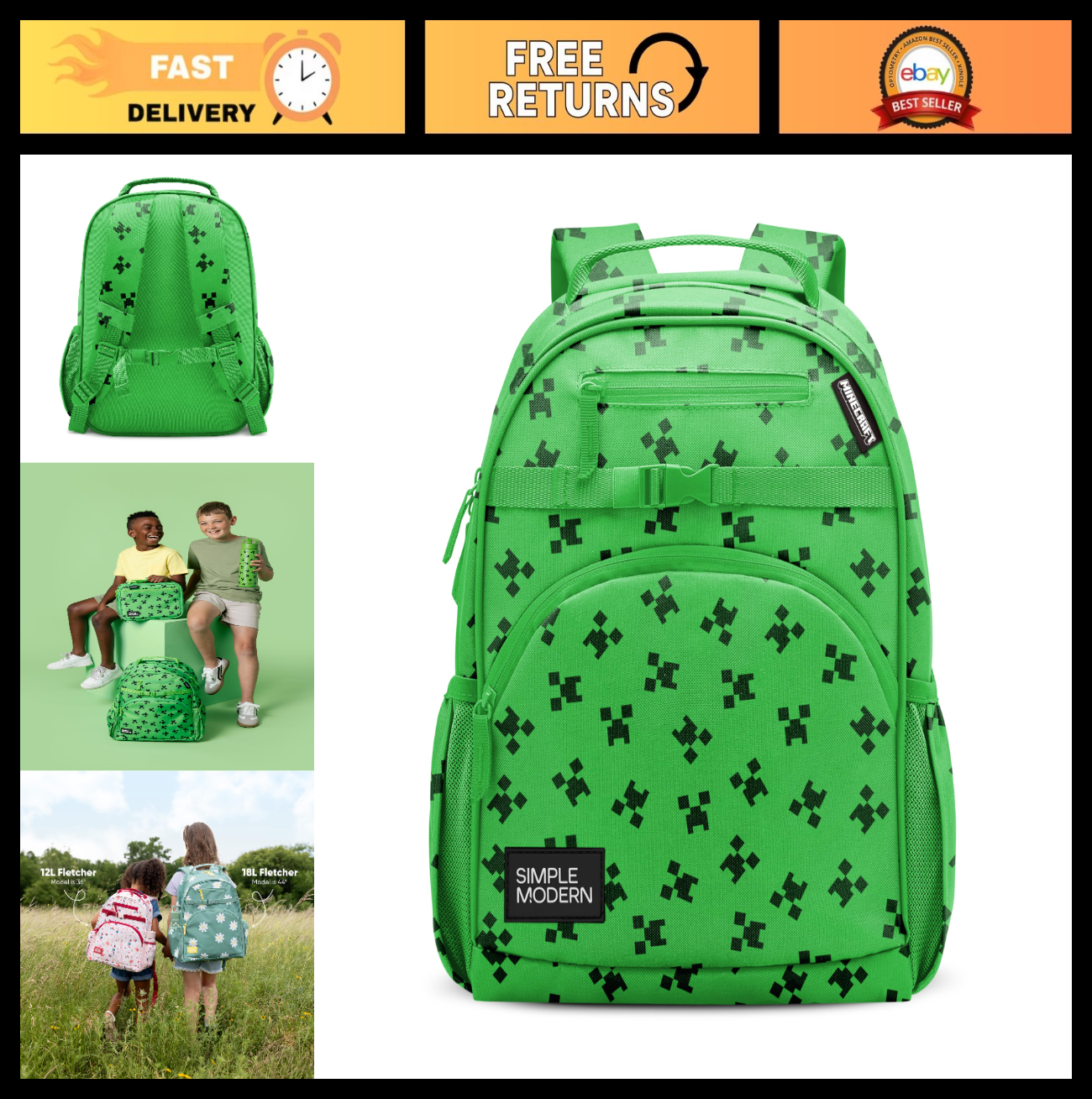 12L Minecraft Backpack for Kids | Cute Creeper Bookbag & Laptop Carrier | Fits L0