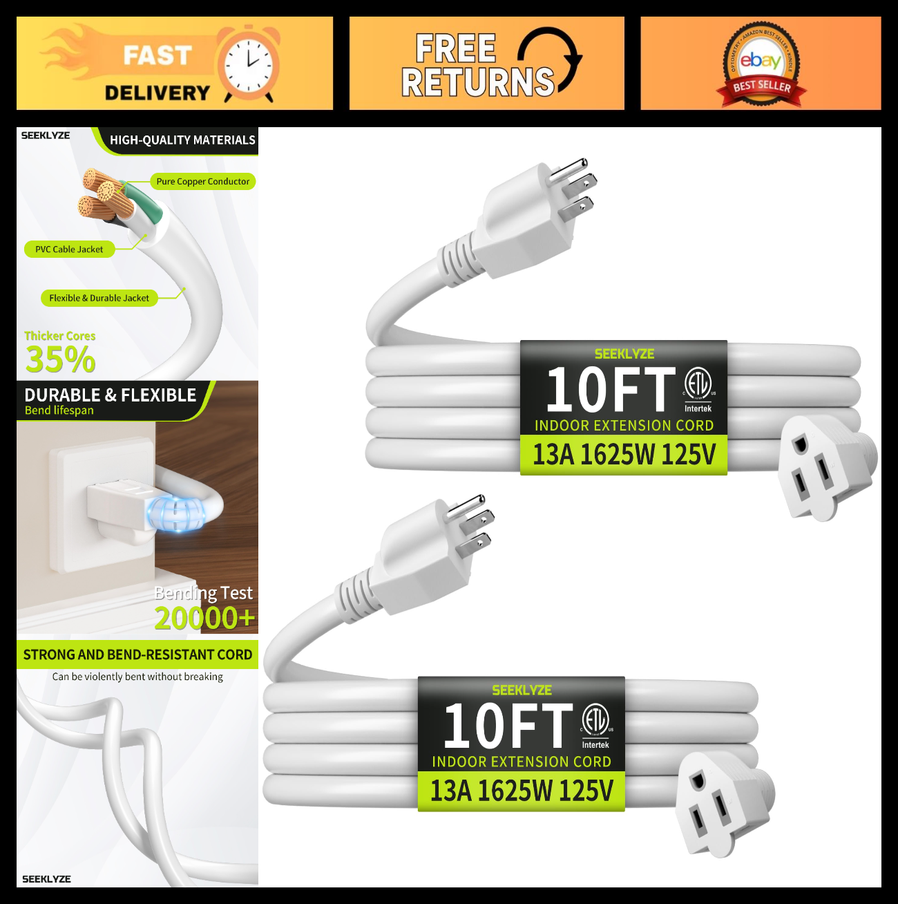 10FT 16/3 White Extension Cord (2 Pack)   Indoor Use for Appliances & Electronic0