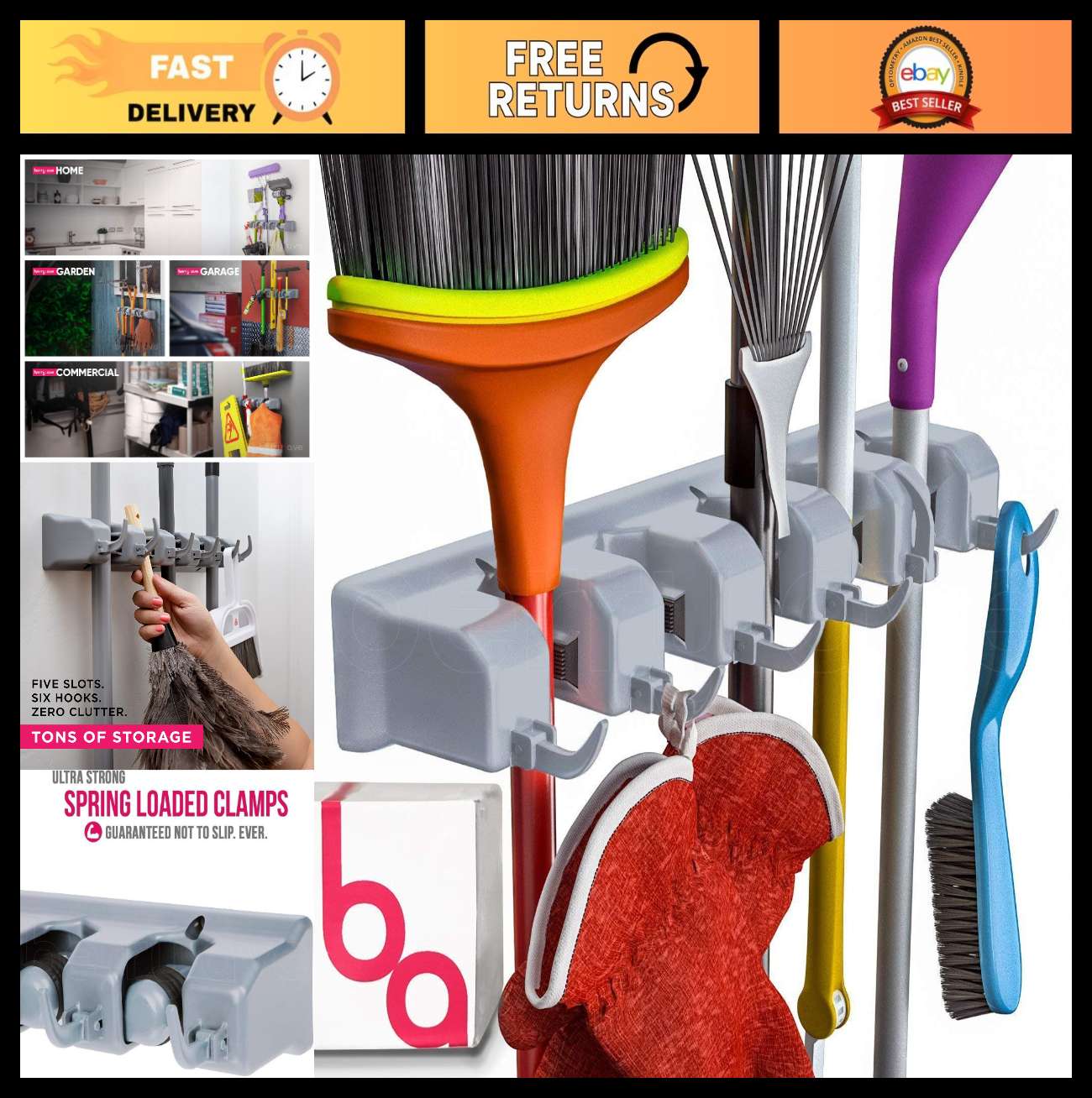 Wall Mount Broom Holder & Garden Tool Organizer with 6 Hooks - Home & Garage Sto0