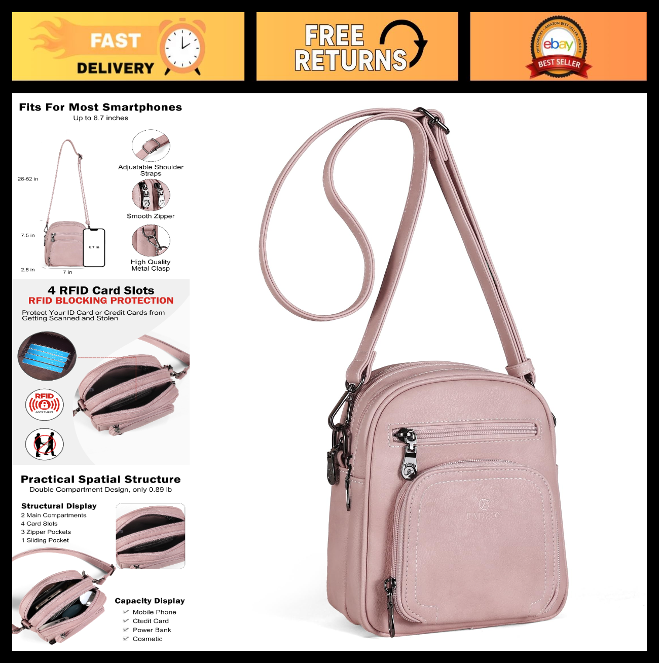 Stylish Small Crossbody Purses for Women, RFID Anti-Theft, 4 Card Slots0